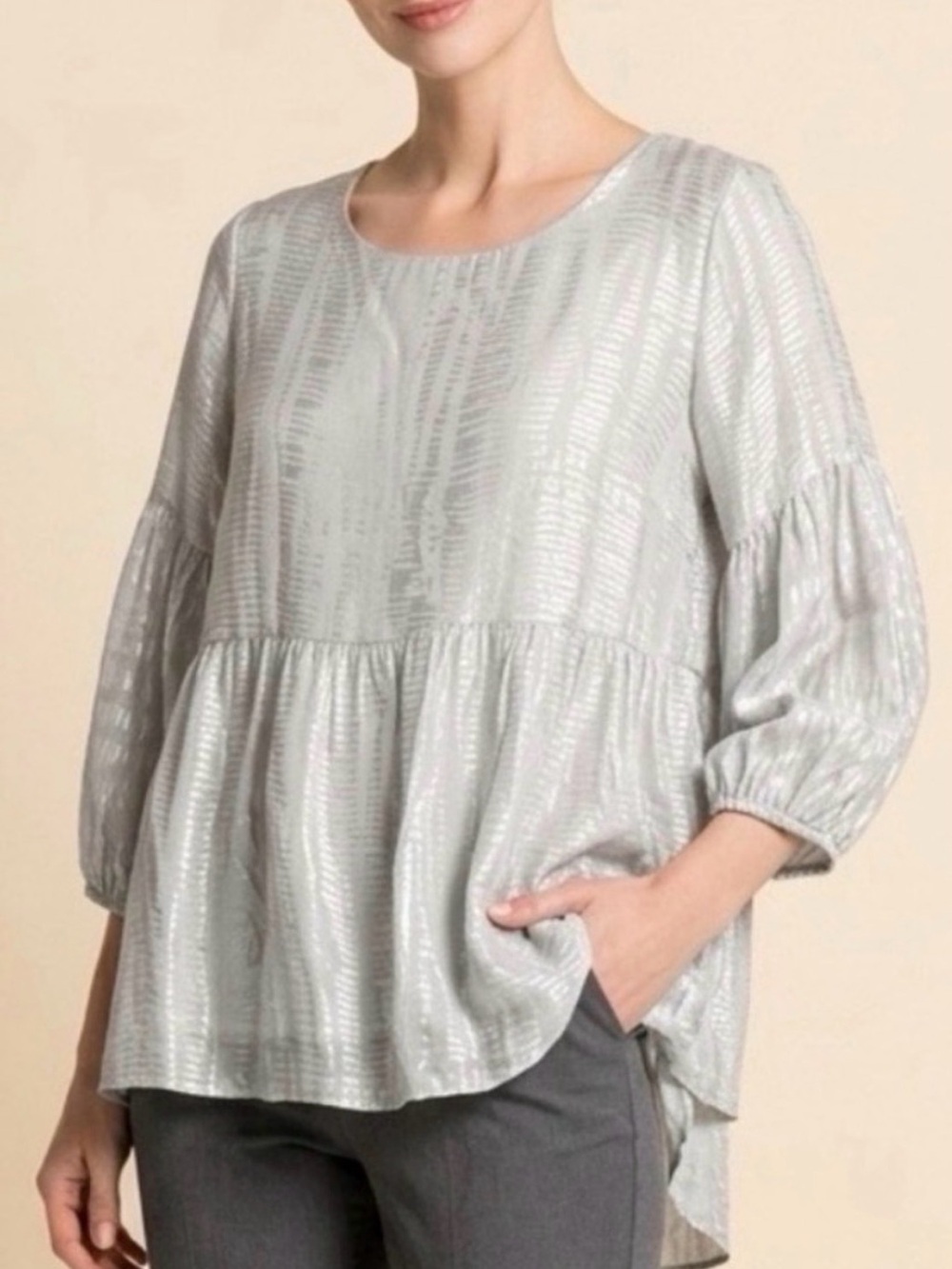 Tempo Paris Silver-Grey and Pale Sage Silk Peasant Tunic